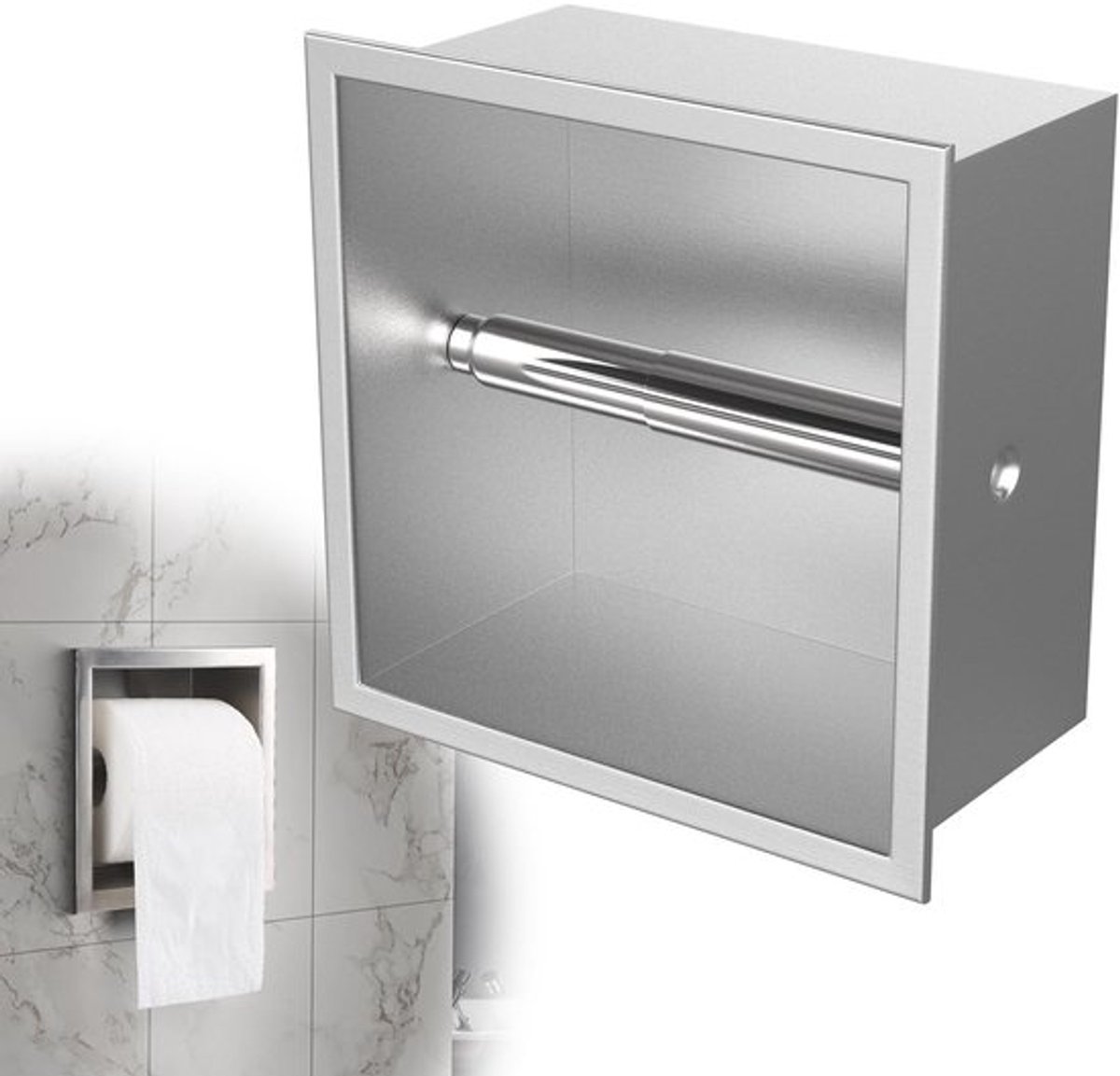 Inbouwrolhouder Roestvrij Staal 17 x 17 x 8,6 cm - Ruimtebesparend - Toiletrolhouder - Badkameraccessoires - Snelle Vervanging - Geschikt voor Kleine Badkamers - Toiletpapierhouder