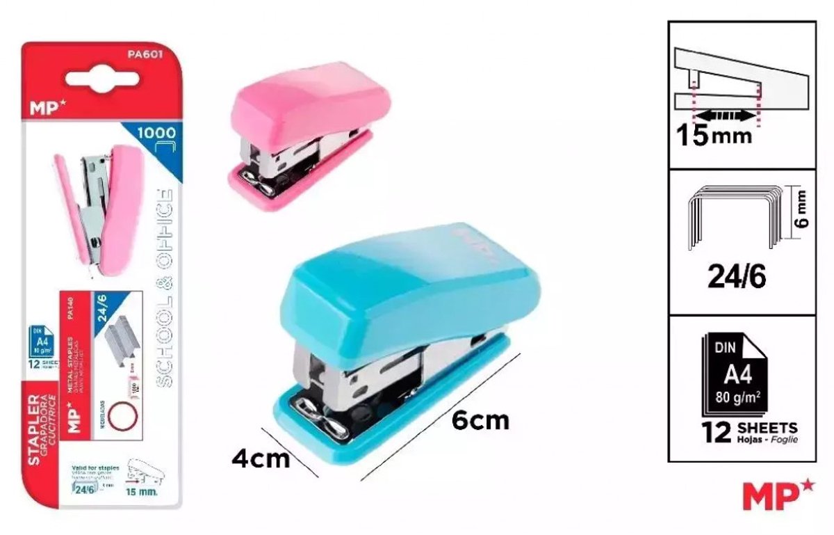 Mini niet-merkgebonden nietmachine 24/6 met nietjes, blauw