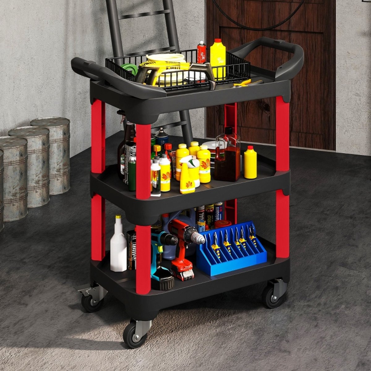 COVREO Gereedschapskar 81 x 43 x 96 cm zwart kunststof, met 3 niveaus en wielen