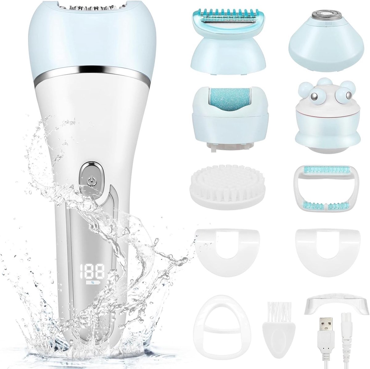 Epilator voor gezicht - Blauw - 6-in-1 multifunctioneel apparaat - Oplaadbaar en waterdicht - Voor dames