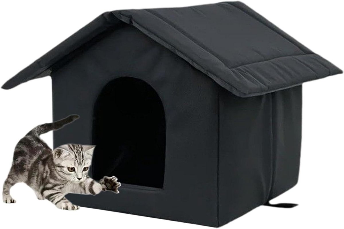 Kattenhuis Voor Buiten - Dierenverblijf Buiten - Bescherming Elk Seizoen - Geïsoleerd Vochtwerend Ontwerp - 35x35x30cm - Zwart