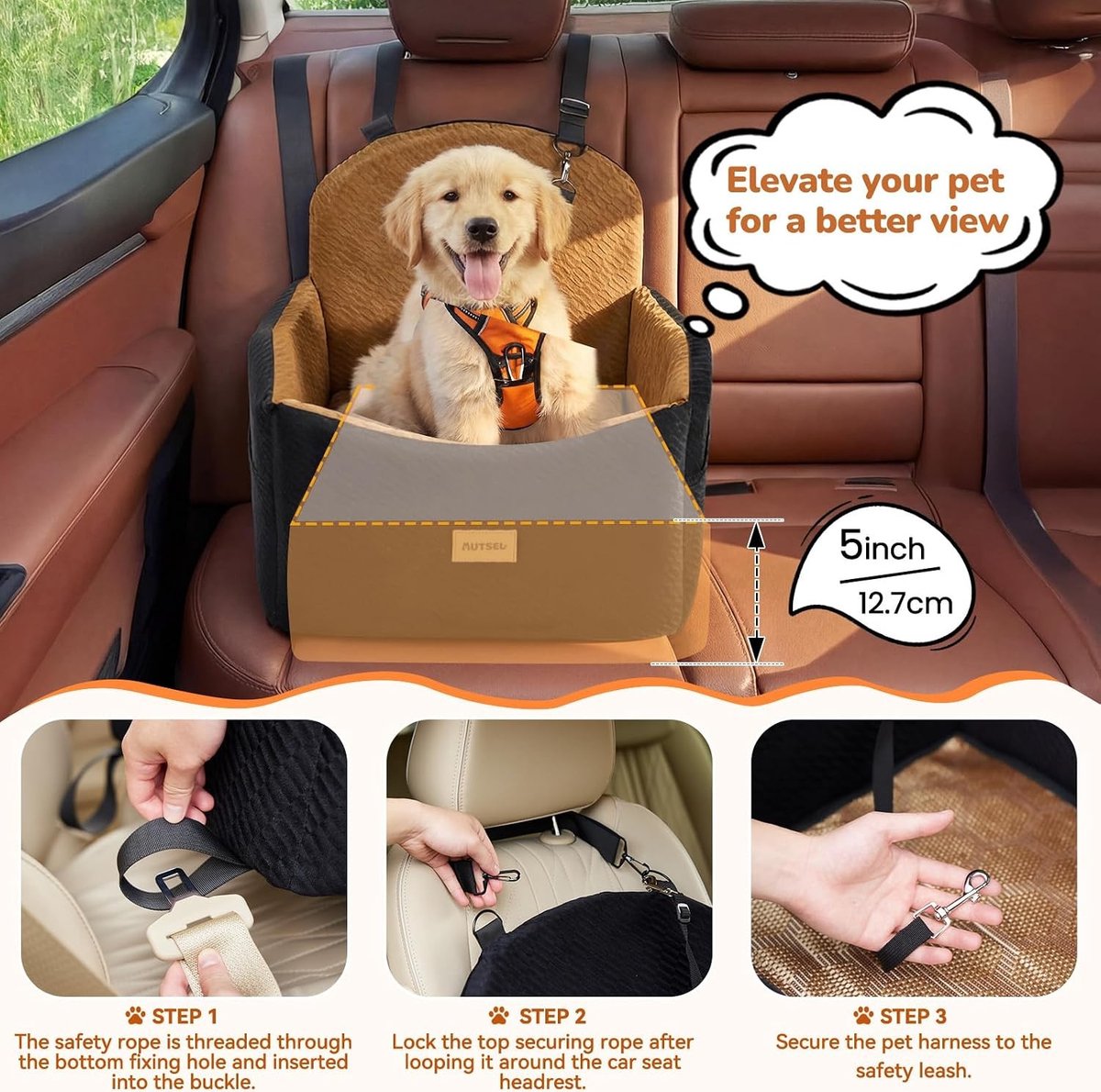 Hondenautostoel - Zwart-Bruin - 50,8 x 50,8 x 50,8 cm - Waterdicht en Wasbaar - Voor Kleine en Middelgrote Honden