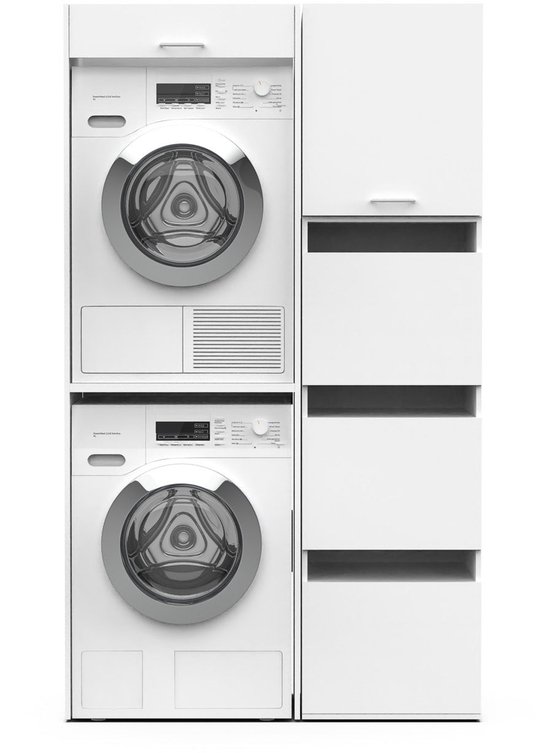 Witte wasmachinekast met een droger bovenop een wasmachine, met daarnaast opbergvakken.