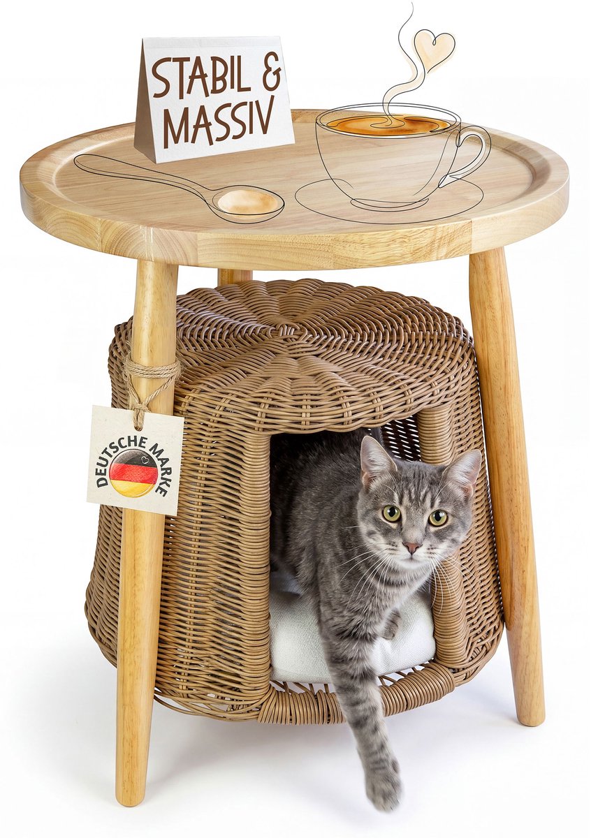 Salontafel met kattenmand, bijzettafel, hout, rotan woonkamertafel met dierenbed en wasbaar kussen, keuze uit 2 modellen Kingpower