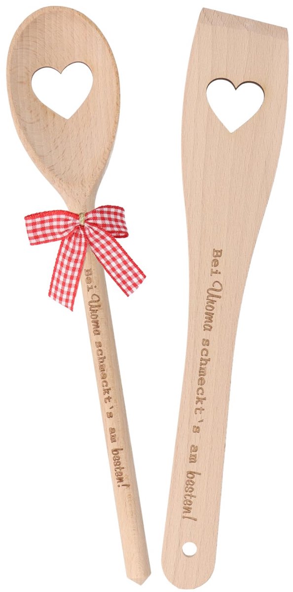 Set van 2 houten lepel en spatula met gravure 'Bij Uroma smaakt het beste'