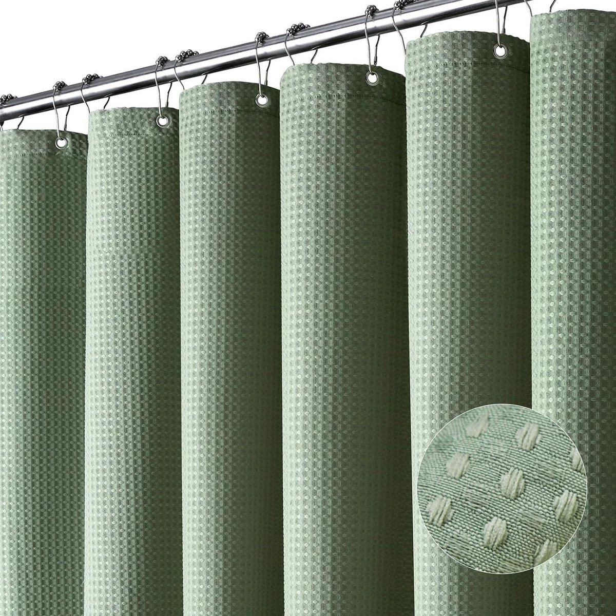 Douchegordijn - Groen Wafelstructuur Zwaar Stoffen Badkamergordijn - Met Ringetjes en 12 RVS Haken - Formaat 180x180 cm - Groene Kleur