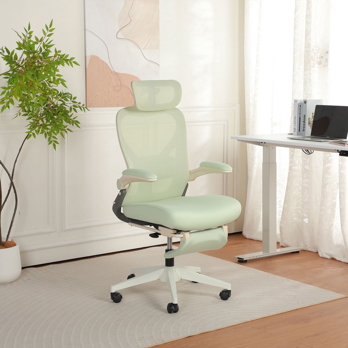 Opvouwbare ergonomische bureaustoel-ruimtebesparend ontwerp-3D verstelbare hoofdsteun-ademende mesh rugleuning-hogedichtheid schuimzitting-verstelbare lendensteun-kantelfunctie - groen
