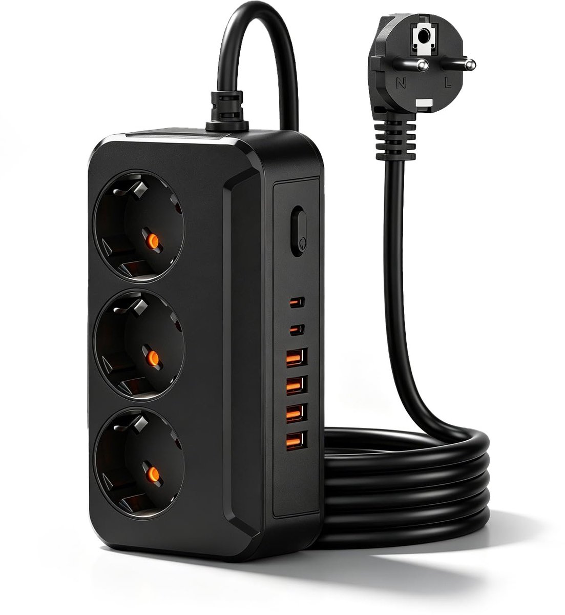 Ryoudavell - Stekkerdoos met USB C en Schakelaar - 3 Stopcontacten 4 USB A en 2 Type-C Poorten - Verdeelstekker met 1.8 Meter Verlengsnoer - Multifunctionele Stekkerblok Wandmontage - 2500W Meervoudige Contactdoos voor Thuis Bureau en Kantoor - Zwart