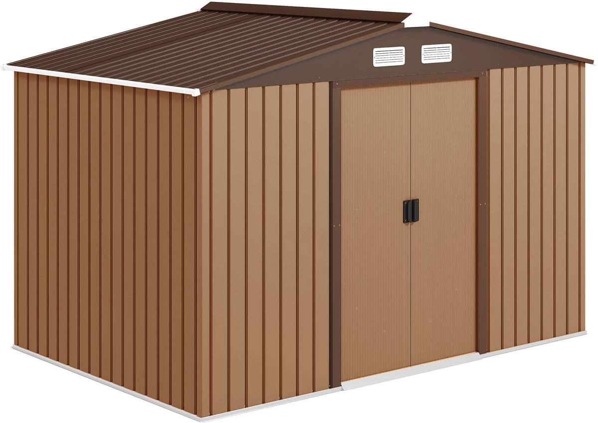 Metalen tuinhuisje – 5,4 m² – 277 x 195 x 192 cm – inclusief fundering – voorzien van afsluitbare schuifdeuren en ventilatieopeningen van gegalvaniseerd staal – kaki