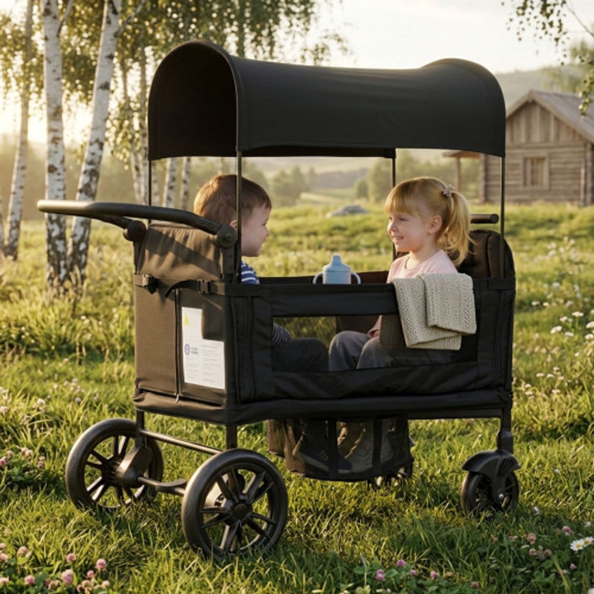 Opvouwbare bolderkar voor 2 kinderen, zwart, met in 8 standen verstelbare, gevoerde duwbeugel, zonnekap en blad, 5-puntsveiligheidsgordel en compact opvouwbaar ontwerp.
