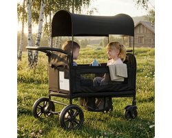 Opvouwbare bolderkar voor 2 kinderen, zwart, met in 8 standen verstelbare, gevoerde duwbeugel, zonnekap en blad, 5-puntsveiligheidsgordel en compact opvouwbaar ontwerp.