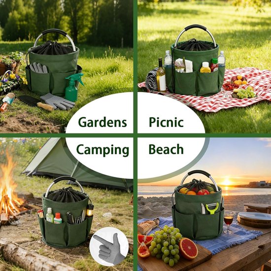 Opvouwbare mand - Opbergmand picknickmand - Buitenactiviteiten organiseren - Trekkoordsluiting - 28 x 28 cm - Groen — afbeelding 4