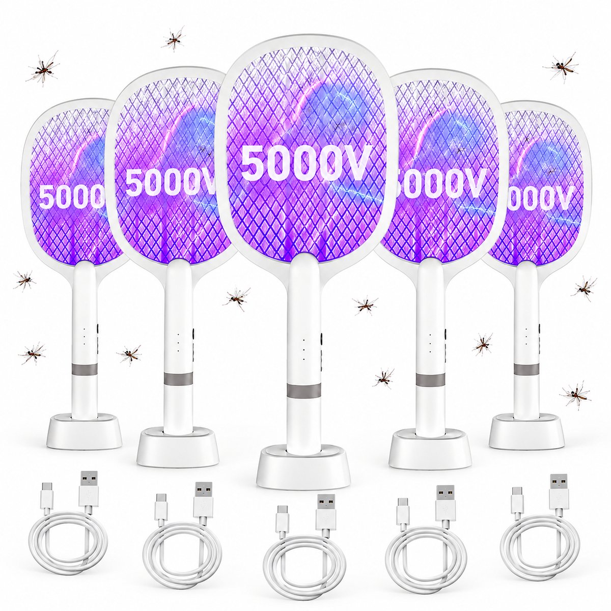 5000V Electric Fly Elektrische Vliegenmepper, Extra Sterke Vliegenmepper Elektrisch, 2 in 1 USB Type-C Elektrische Muggenmepper met Oplaadbare Batterij & UV Lichtval voor Muggen, Vliegen - 5 stuks