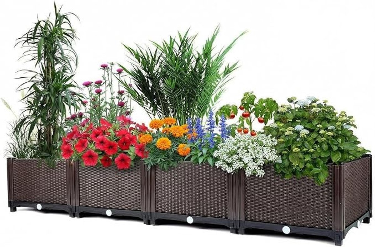 HOERFURIY verhoogde plantenbak PP enkel laag vier modules, bruin – diepe kweekbak met afvoerpluggen, geschikt voor groenten, bloemen, kruiden en diepwortelende planten