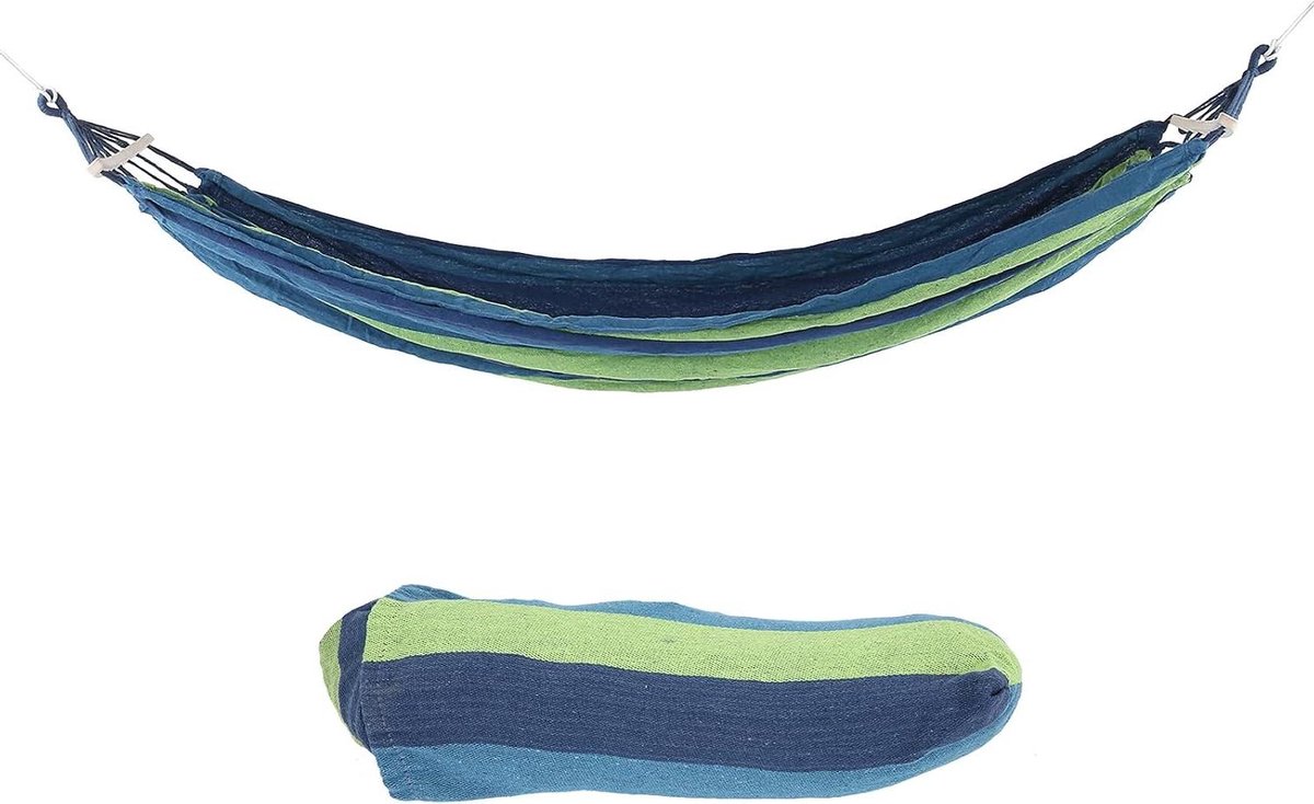 Campinghangmat - Draagbare hangmat - Buitenreizen - Met hardhouten spreidstok - 240x150cm - Blauw met strepen