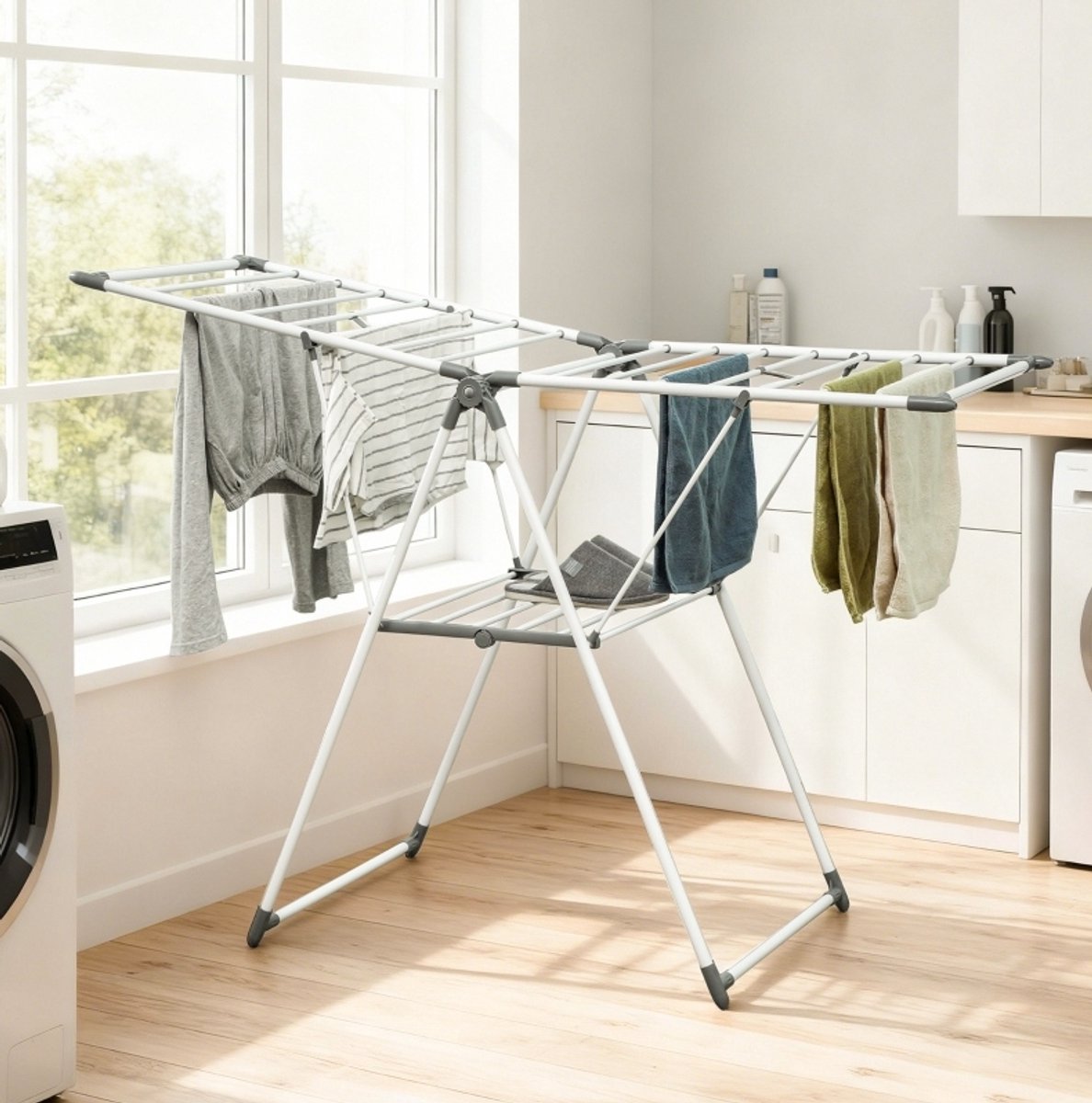MIVRAY Droogrek – Opvouwbaar Met 2 Niveaus – 156,5 x 61,5 x 97 cm – Metaal – Wit – Staand Droogrek Voor Binnen Met Verstelbare Vleugels