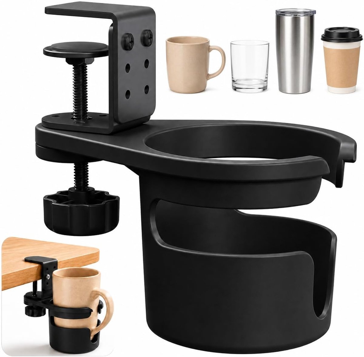 carmdering - Bekerhouder Bureau - Klem Bekerhouder - 360° Draaibare Bekerhouder - 360 Graden Draaifunctie - Verstelbare en mobiele bekerhouder - Waterafvoeropening - Voor het opbergen van koffiebekers en drankflessen - 1 Stuk - zwart