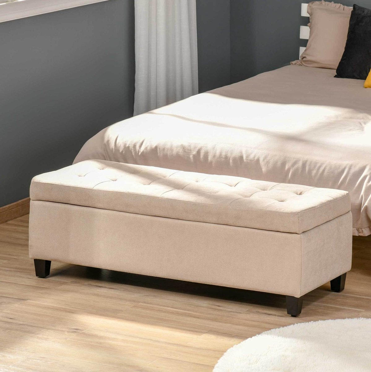 MIVRAY Opbergbank – Gecapitonneerde Zitting Met Opbergruimte – 125 x 49 x 41,5 cm – Polyester – Beige – Voor Slaapkamer En Woonkamer