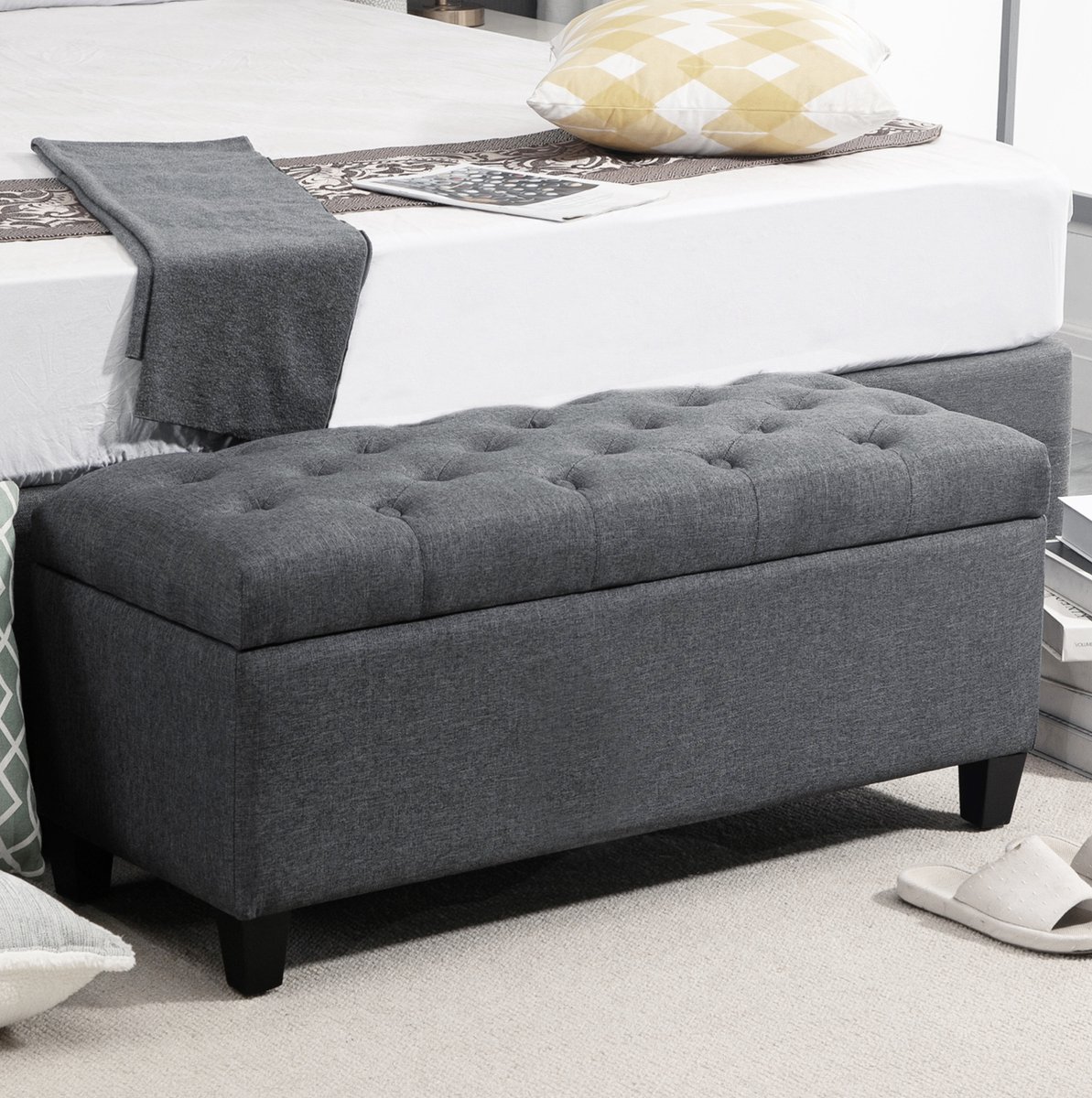 MIVRAY Zitbank – Met Opbergruimte En Gecapitonneerde Zitting – 100 x 40 x 44 cm – Polyester En Hout – Donkergrijs – Voor Hal Slaapkamer Of Woonkamer
