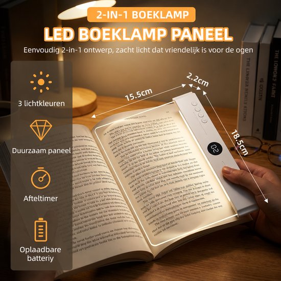 Leeslampje voor Boek - Platte LED Boeklamp - Boekenlegger Boeklamp - Platte Leeslamp - Oplaadbaar USB C - 3 Lichtkleuren Dimbaar met Timer - Geschikt om 's avonds te lezen — afbeelding 3