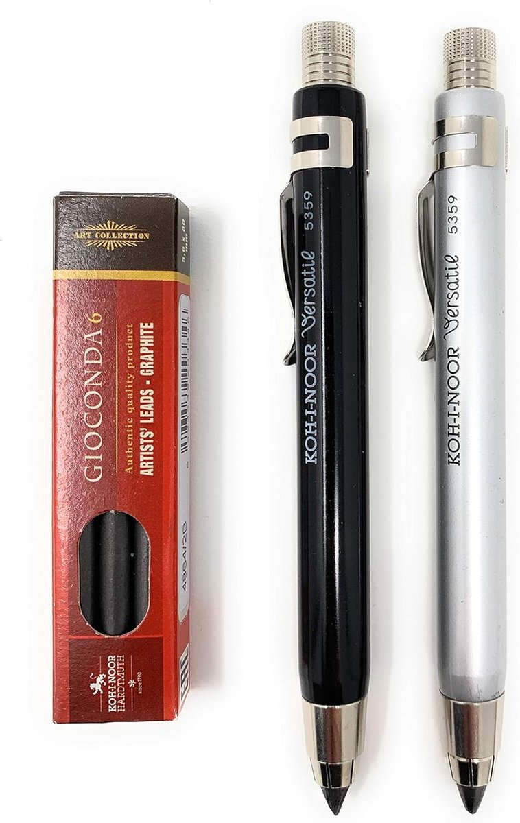 KOH-I-NOOR 5359 - Vulpotlood metaal met puntenslijper en clip - set van 3 - stiftdikte 5 - 6 mm - ZILVER en zwart en grafiet stiften 2B