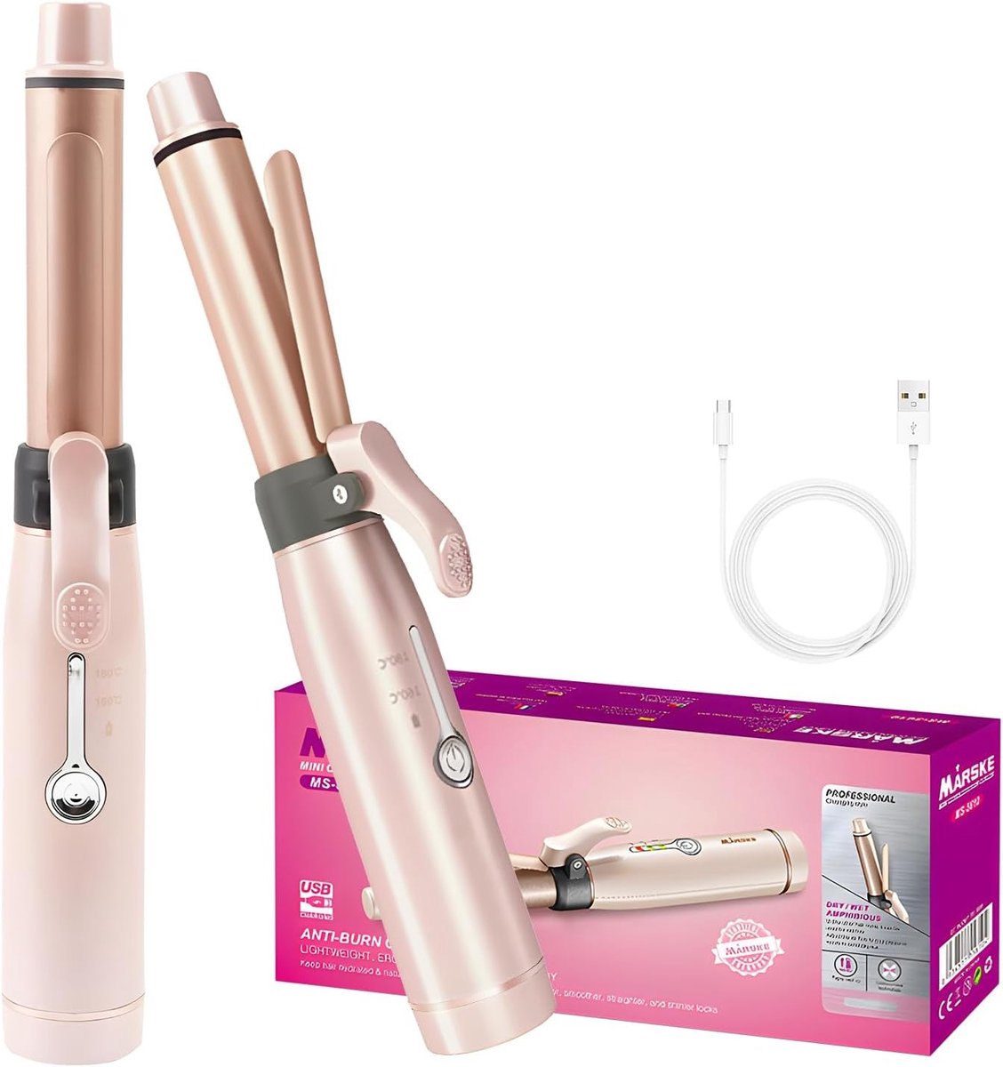 Wafeltang haar - Roze - Mini 19 mm - Keramische Draadloze Krultang USB Oplaadbaar - Voor Alle Haartypes