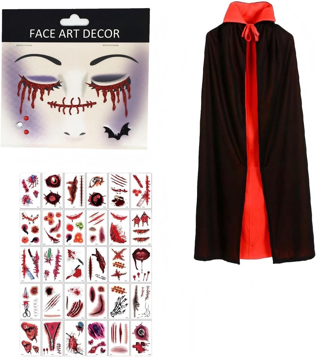 Vampier Kostuum voor Kinderen - Dubbelzijdige Halloween Cape van 120 cm - Zwart Rood - Cosplay Set met Gezichtsstickers en 30 Tatoeages voor Jongens en Meisjes voor Halloween Feest