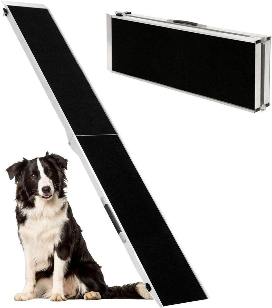 Hondenloopplank Auto - Hondenoprit Opvouwbaar - Hond Veilig Laten Instappen - Antislip Aluminium Constructie - 213 cm - Zwart