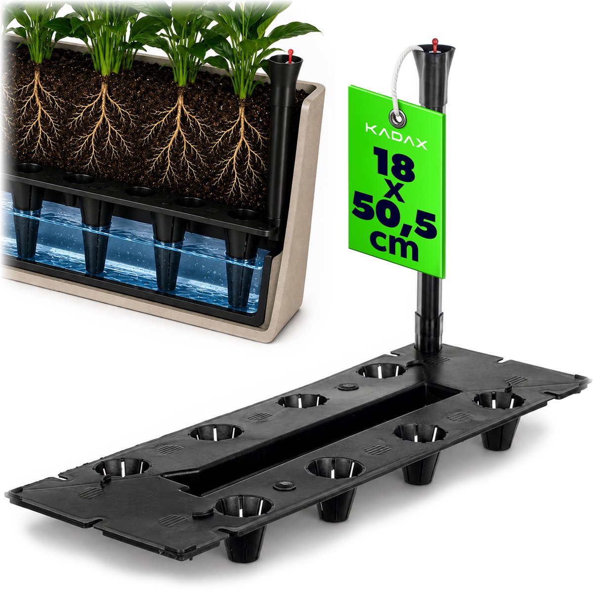 KADAX balkonbak-bewateringssysteem 50,5 x 18 x 30 cm, rechthoekig kunststof inzetstuk met waterpeilindicator, zelfbewateringssysteem voor bloempotten, waterreservoir