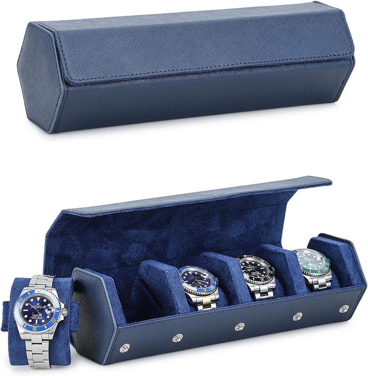 Leren horloge opbergdoos voor 4 horloges met display, hexagonaal ontwerp, beschermende opslag en organizer voor mannen (blauw)