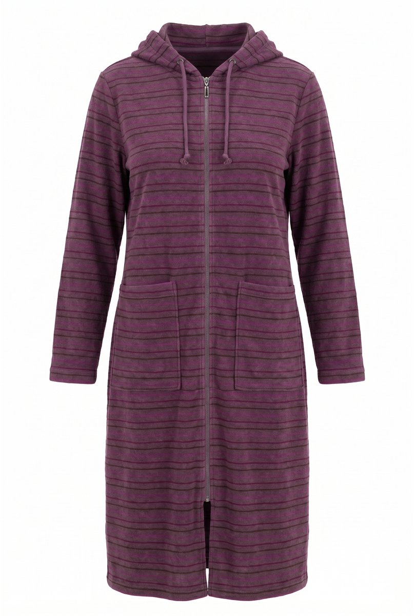 Ulla Popken - Dames - Badjas strepen 2-weg zipper lange mouw badstof - Aarde - Maat 54+