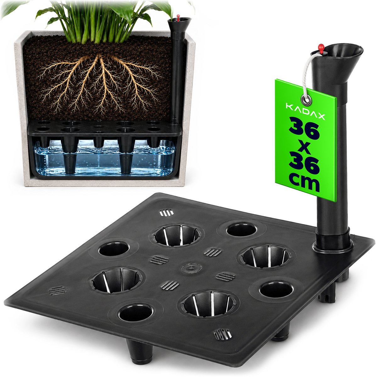 KADAX bloembak-irrigatiesysteem 36 x 30 cm, vierkant kunststof inzetstuk met waterpeilindicator, zelfirrigatiesysteem voor bloempotten, waterreservoir