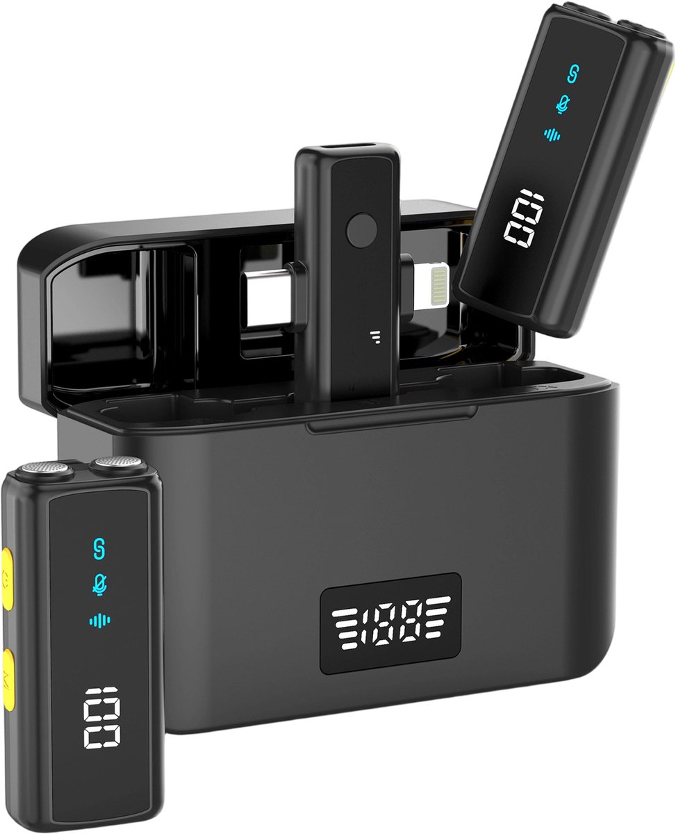 Fokelyi Draadloze Microfoon 2 Stuks - Lavalier Dasspeld Met Oplaadcase - Dubbele Type-C En Lightning - 3-traps Ruisonderdrukking- Microphone Geluidsversterker- 48 Uur Batterij - 50 Meter