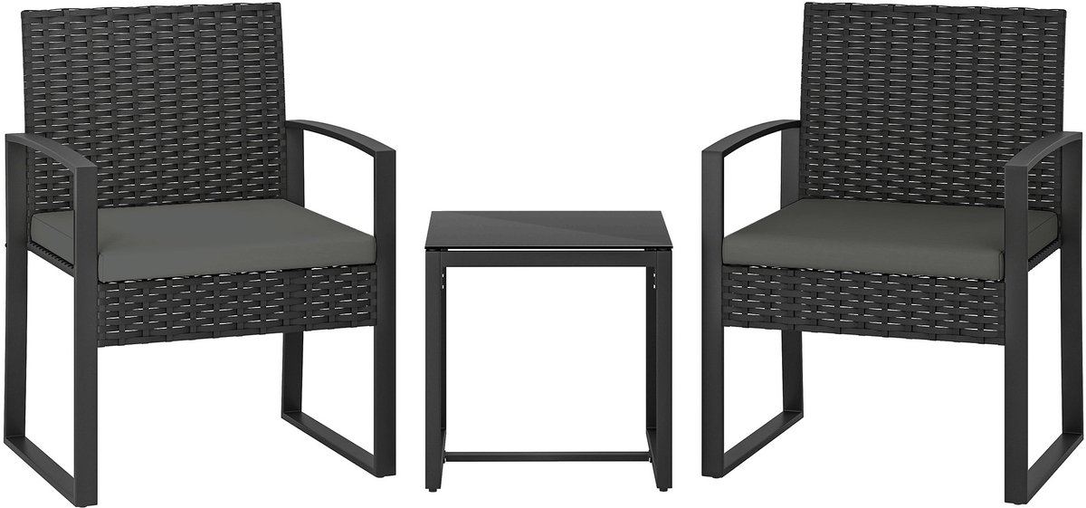 Tuinset - gevlochten kunststof voor buiten - Voor 2 Personen - Inclusief 2 tuinstoelen en een tafelblad van gehard glas - zwar
