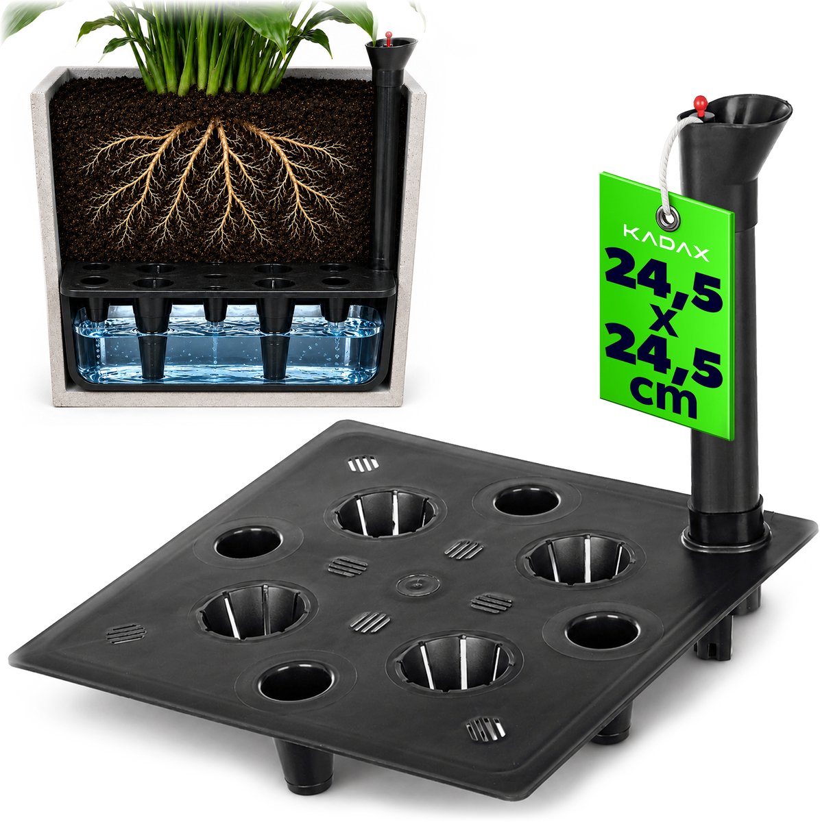 KADAX bloembak-bewateringssysteem 24,5 x 23,5 cm, vierkant kunststof inzetstuk met waterpeilindicator, zelfbewateringssysteem voor bloempotten, waterreservoir
