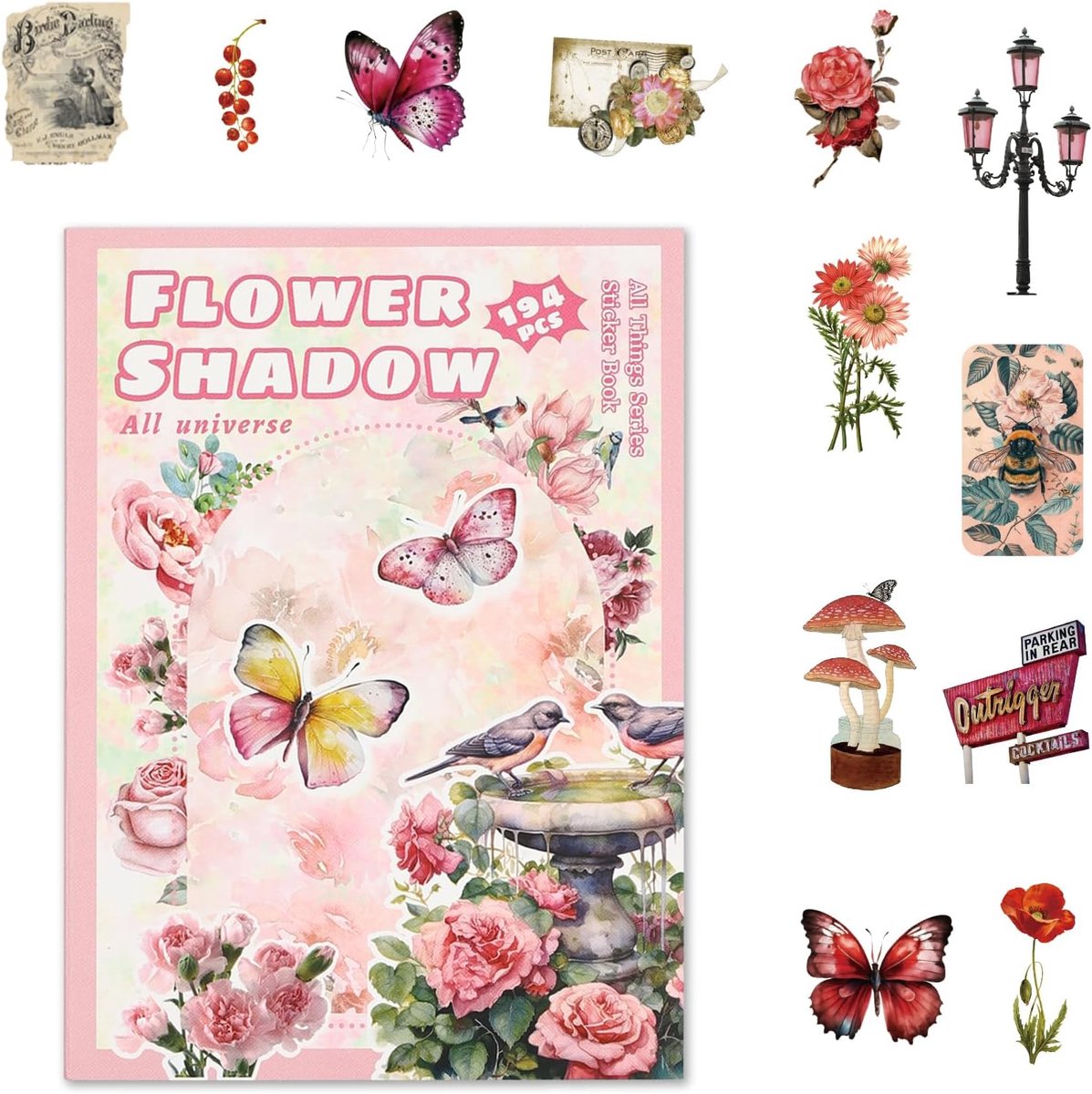 Roze Bloemschaduw Scrapbook Stickers – 20 Vellen met 194 Vooraf Gesneden Stickers – PET Transparant en Papier – Leesthema met Bloemen, Bladeren, Rozen en Paddenstoelen – DIY Decoratie voor Journaling en Cadeaus