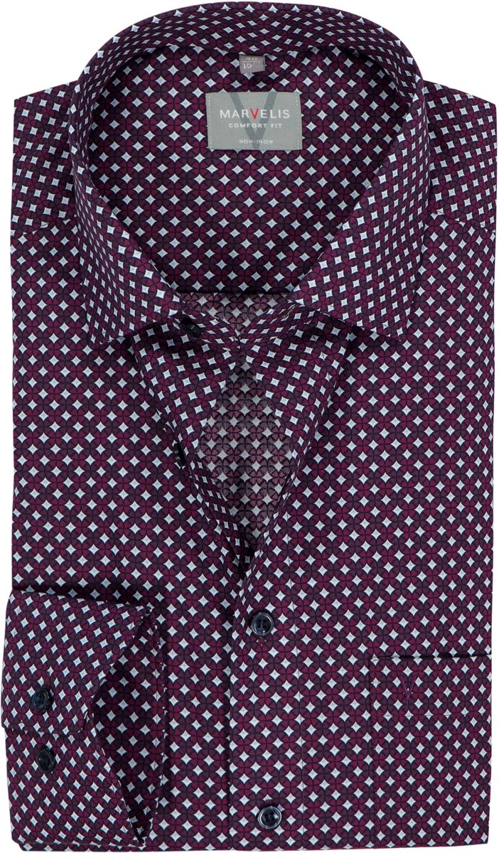 MARVELIS comfort fit overhemd - popeline - bordeaux rood met wit en lichtblauw dessin - Strijkvrij - Boordmaat: 47 (EU maat: 3XL)