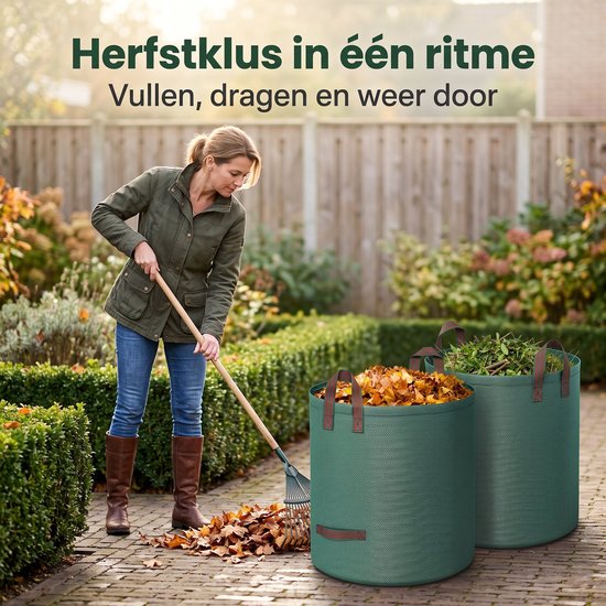 Cheqo® Tuinafvalzak Set van 2 - Tuinzak - Bladzak - Tuinvuilzak - Groenafvalzak - Bladerzak - Afvalzak voor Tuin - Opvouwbaar - Zelfstaand - met Handgrepen - Herbruikbaar - Waterdicht - voor Bladeren - Gras en Snoeiafval - Tuintas - Groen van Cheqo — afbeelding 4