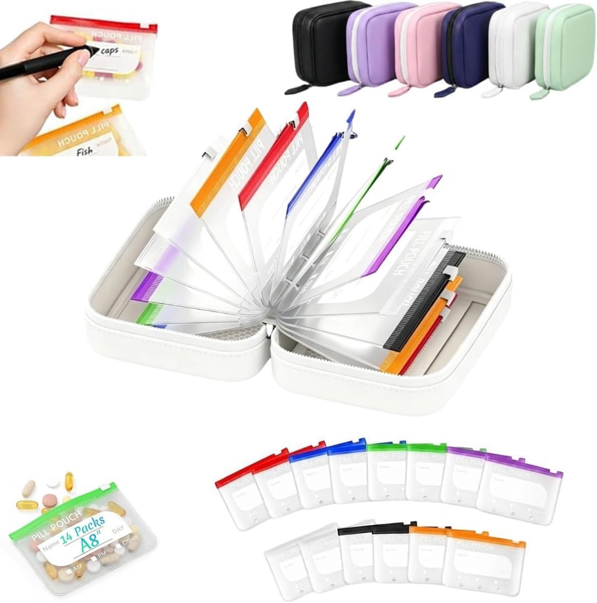 Pillendoos - Pillendoosje - met 14 gekleurde pillenzakjes - Medicijn Organizer - Pillendoos Etui - met Kleurcode & Etiket voor 14 dagen - Thuis & Onderweg - Draagbare Pillendoos Met Ritssluiting - Herbruikbaar - Medicijndoos - Pillenetui - Wit