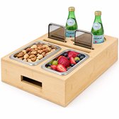 Houten bankdienblad - snackbox met 2 uitneembare bakjes - 2 bekerhouders en vakken voor afstandsbediening- Voor Bank, Woonkamer, Picknick, Feest en Horeca - Bank Organizer met Snacktrays