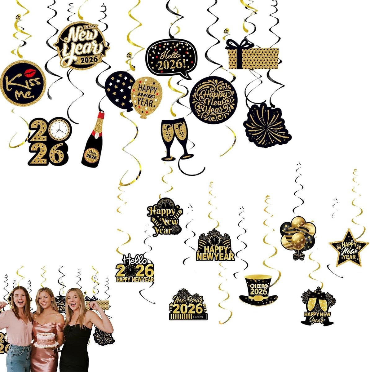 Decoratieset Oud en Nieuw 2026 – 18-Delige Hangdecoratie Zwart Goud voor Feest