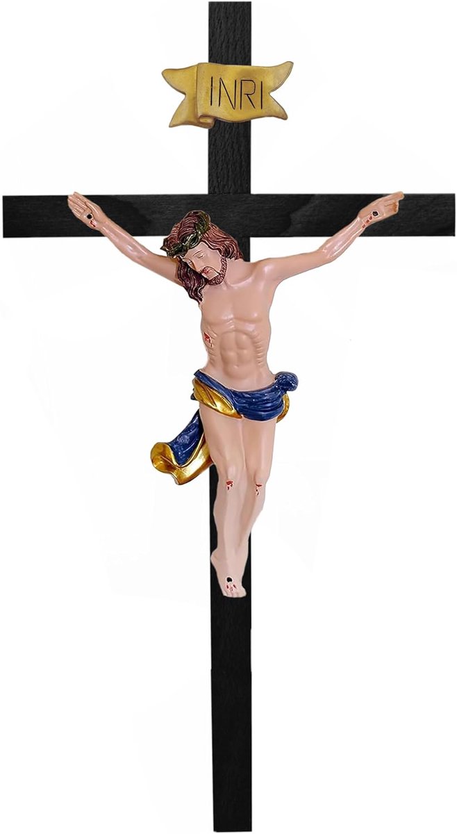 Kaltner Präsente Geschenkidee: 35 cm wandkruis kruisbeeld van beukenhout zwart gebeitst - Handgeschilderd beeld van Jezus Christus van hoogwaardige kunstgietstof uit hars – Decoratie
