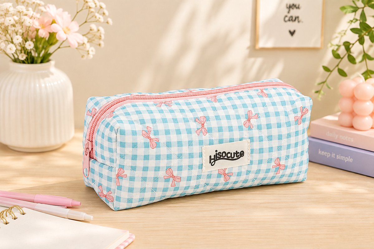 Gewatteerde katoenen etui met strik voor meisjes, kleine make-uptas en kleurpotlodendoos, Blauw, 20 x 8 x 8 cm