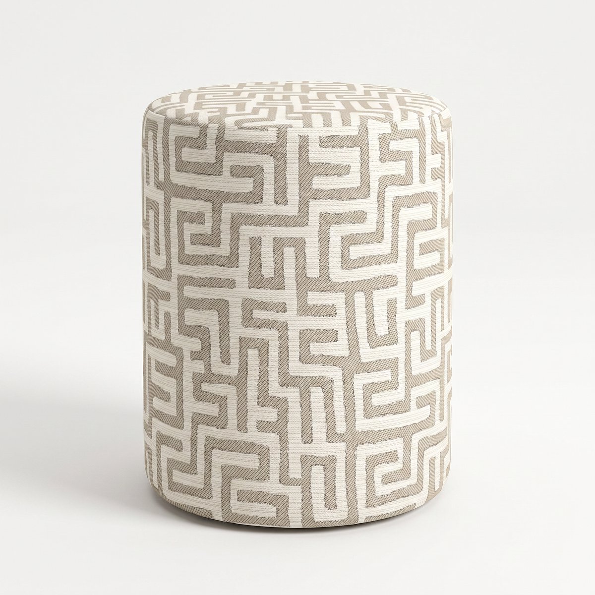 Mörgenn Poef Maze Lin Beige - Ronde Poef en Voetenbank - Jacquard Labyrint - 45x45x60 cm
