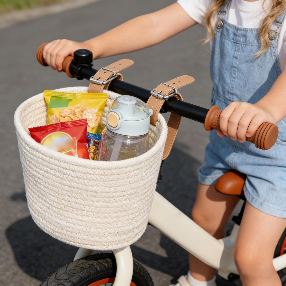 Kinder Fietsmand - Stuurmand Scooter - Spullen Vervoeren - Verstelbare Banden - 20x15cm - beige