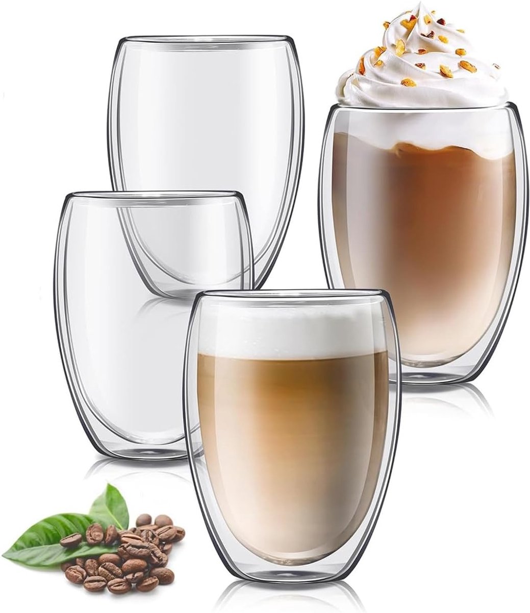 Set van 4 dubbelwandige glazen voor koffie en cappuccino, 350ml, ideaal voor latte macchiato, thee, melk en sap