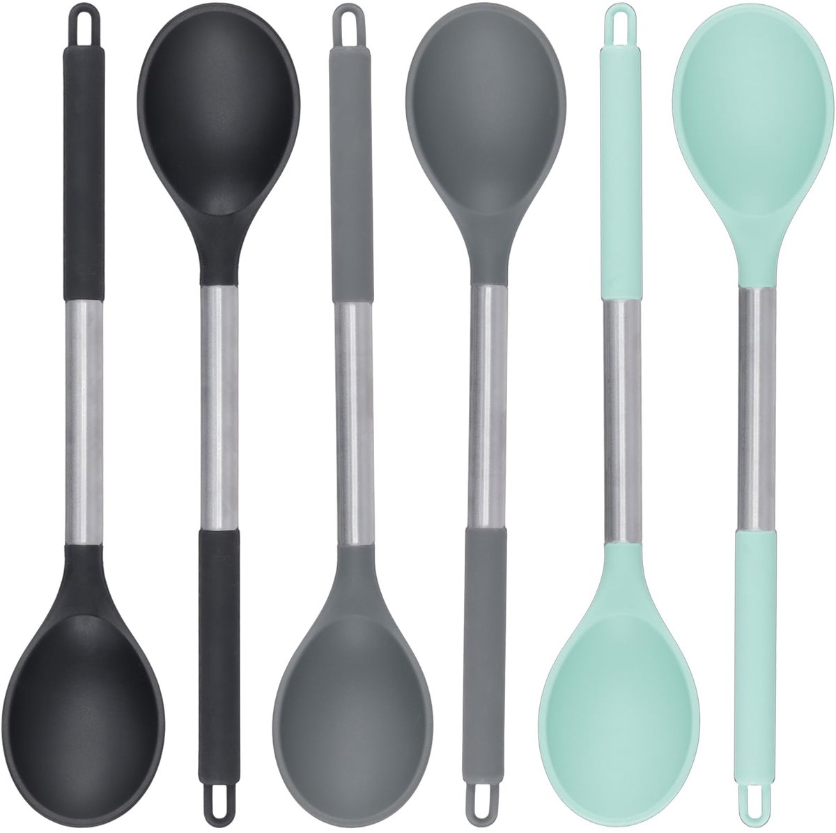 SnelShoppen - Set van 6 Siliconen Kooklepels, 33.5 x 6.5 cm, Zwart, Grijs, Mint, Hittebestendig, RVS en Siliconen Serveerlepel voor Keuken