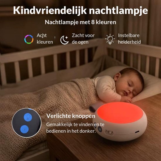 Nexeli NX-KC-30 White Noise Machine - Baby Nachtlamp & Huilsensor - Draagbaar Slaapgeluiden Speaker - 21 Kalmerende Geluiden - Oplaadbaar - Wit van Nexeli Nx — afbeelding 4