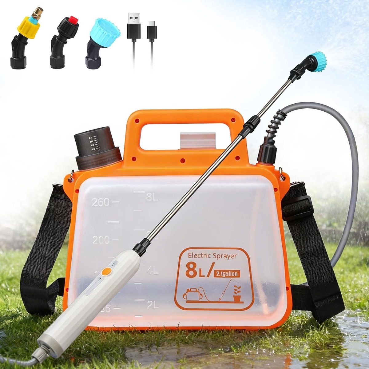 Elektrische Tuinspuit - Oranje - 8 Liter - Opvouwbare Rugzaksproeier met 3 Sproeiers - Voor Tuinonderhoud en Reiniging