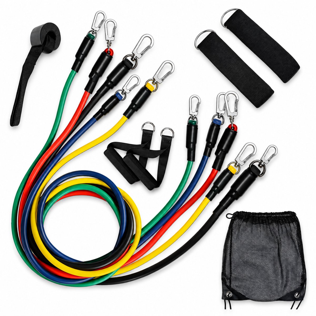FSW-Products Weerstandsbanden Set – Fitness Elastieken met Handvatten, Enkelbanden & Deuranker – Resistance Bands – Trainingsset